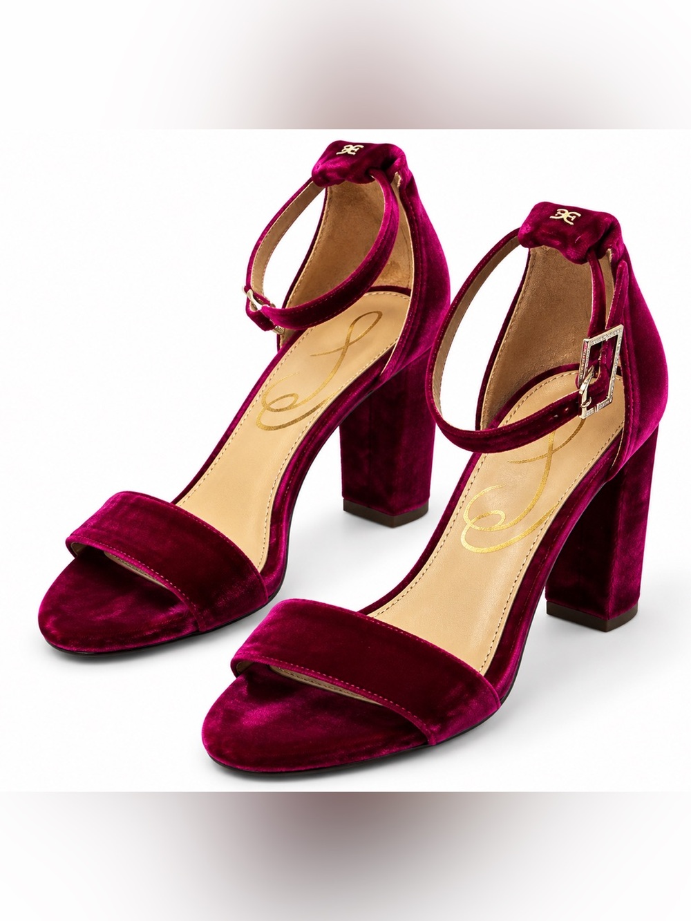 Sam Edelman Magenta Velvet Block Heel Ankle Strap Sandals